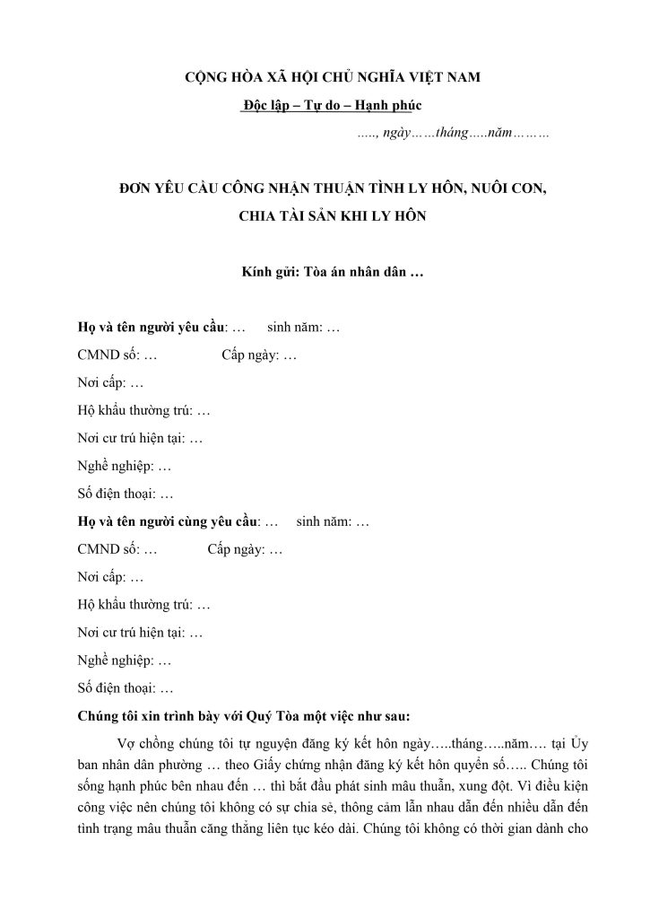 Mẫu đơn ly hôn thuận tình Mẫu đơn ly hôn thuận tình