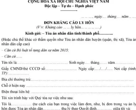 Mẫu đơn kháng cáo ly hôn