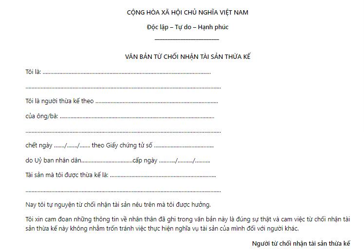 Mẫu văn bản từ chối nhận di sản thừa kế 2024 Mẫu văn bản từ chối nhận di sản thừa kế 2024